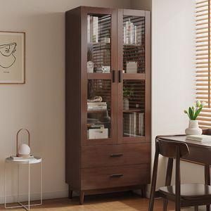 Shulin Furniture <b>Solid</b> <b>Wood</b> <b>Bookcase</b> With Glass Doors Modern Minimalist Style Study Storage Cabinet For Home Office - Product Image 3