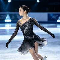 Robe de performance en mousseline irrégulière, dégradé noir-gris, asymétrique à une épaule, froncée, avec strass et dos en V profond, pour patinage artistique