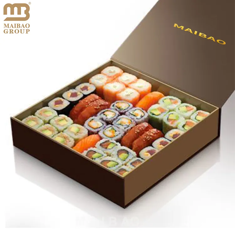 Custom Printed Black Magnetic Closure Sushi Box Packaging Luxury Disposable Sushi Takeout Box Eco Friendly Kraft Food Container