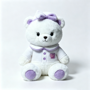Customized Soft fuzzy teddy,White teddy <b>bear</b> plush with purple bow headband,White shirt with purple trim and <b>flower</b> embroidery - Product Image 2