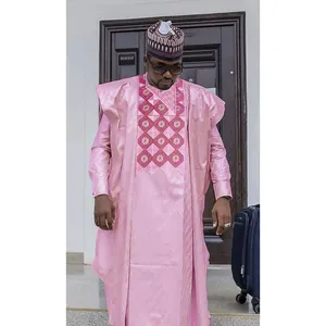 H D New Fashion African Men Bazin Riche Clothing Luxury Men Embroidery 3 Pieces Suit Clothes In Stock Pink Set