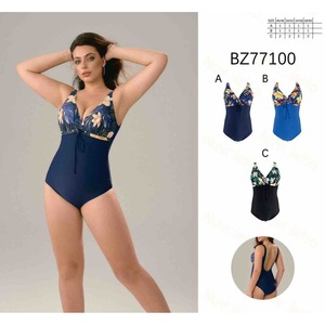 Costume da bagno intero HDJ blu navy con stampa floreale, controllo pancia, taglie forti, scollo a V profondo, con bordo a contrasto - Product Image 3
