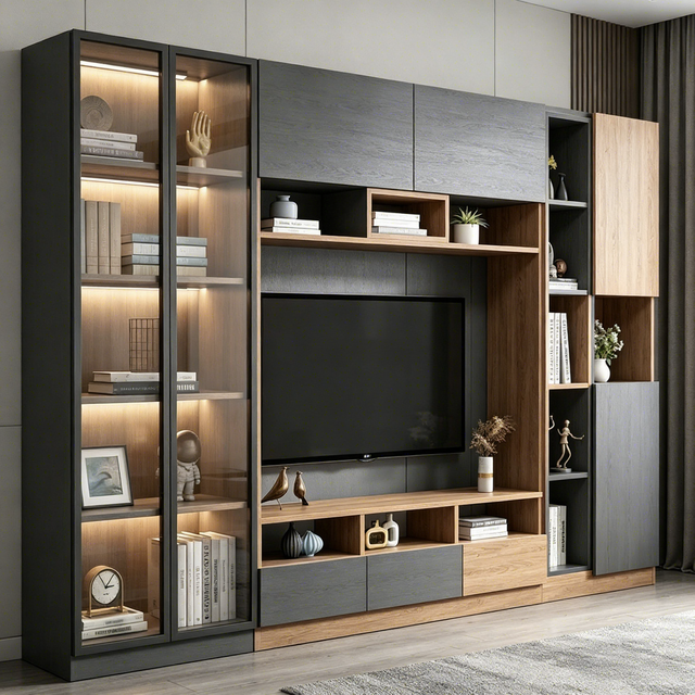 Modular Adjustable Wooden TV Stand with LED Lighting and Panel in Modern Minimalist Style for Living Room