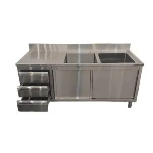 Stainless Steel Commercial Kitchen Equipment 3 Drawers Sink Cabinet With Sliding Doors