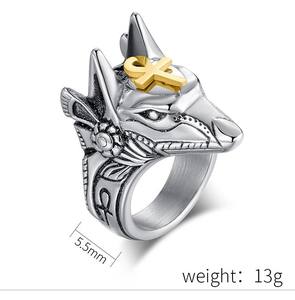 Anello Vintage con Testa di Anubis, Dio dell'Antico Egitto, Bicolore, Aperto e Regolabile, a Forma di Lupo - Product Image 5