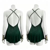 Robe de patinage artistique vert foncé, col en V, manches longues en maille, dos ouvert croisé, jupe courte ornée de strass pour adultes et enfants
