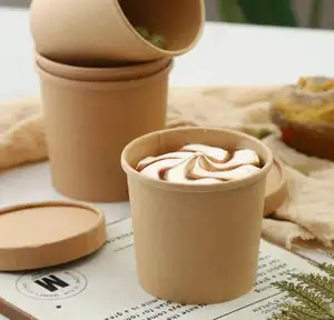 Disposable Paper Cup Container Waterproof Ice Cream Cup And Grease Proof Brown Kraft 17oz Paper Bowl With Paper Lid