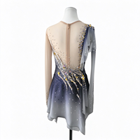 Robe de patinage et de danse pour enfants et adultes, gris et noir dégradé, en maille à manches longues, avec strass et sequins au dos, pour compétition et spectacle de patinage sur glace