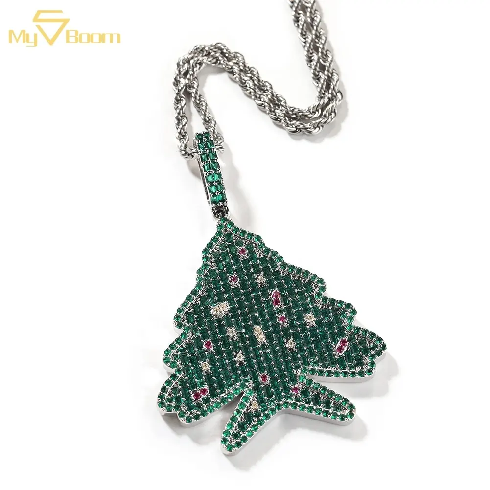 Christmas Gift New Product Hip Hop Full Diamonds Green Tree Saints Pendant CZ Pendant Necklace for Christmas