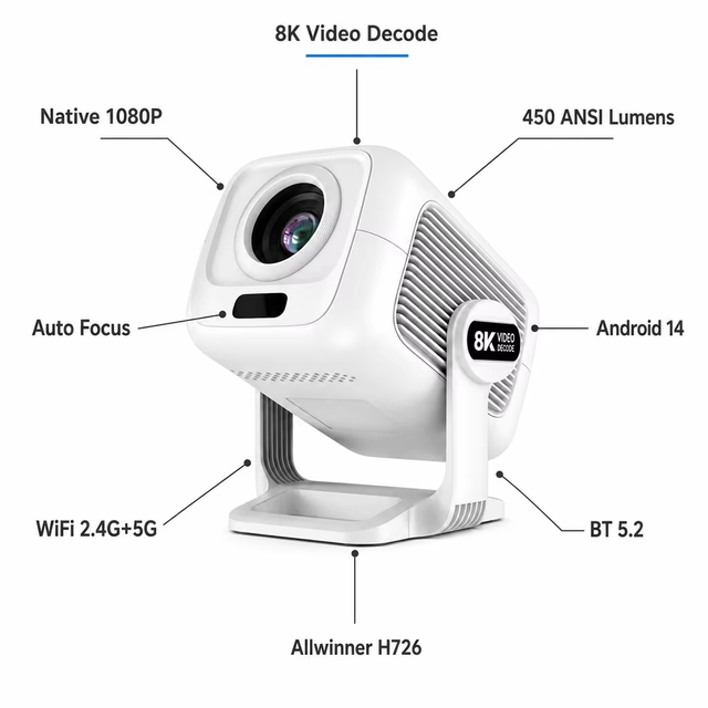 4K Projector 1080P 8K Video Decode 450 ANSI LED Projector WiFi 6  Smart Projector for Home Bedroom