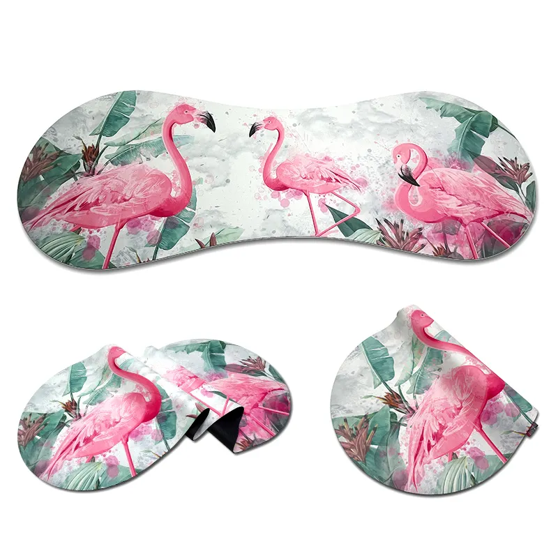 Vegan Suede Rubber Foldable Curve Oval Shaped Pilates Sports Yoga Mat For Travel Custom Logo Tropical Flamingo Printing Yoga Rug