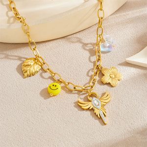 European American <b>Light</b> Luxury Winged Cross Pendant Gold Plated Stainless Steel Necklace With Flower <b>Leaf</b> Smiley Charm - Product Image 2