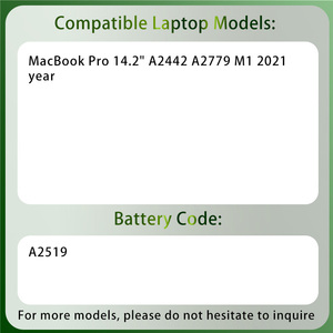 <span class=keywords><strong>Batterie</strong></span> d'ordinateur portable 11.47V 6088mAh de qualité A+ A2519 pour <span class=keywords><strong>MacBook</strong></span> <span class=keywords><strong>Pro</strong></span> 14.2" A2442 A2779 M1 Année 2021 - Product Image 2
