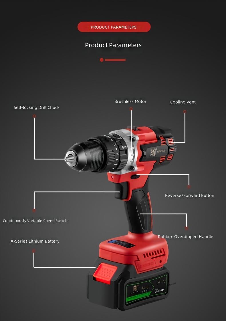 Yonghesheng Brushless Cordless Drill DC 21V Lithium Battery High-Performance Multi-Speed Reversible Power Tool Drill · image 6