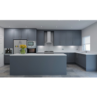 Armoires de cuisine bleu ardoise Shaker en forme de U avec îlot, finition mate, contreplaqué, fermeture douce, étanche, armoire de cuisine modulaire RTA