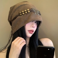 Bonnet décontracté en tricot jacquard à fourrure pour femme, couleur unie et motif lettres, tour de tête 48-50 cm