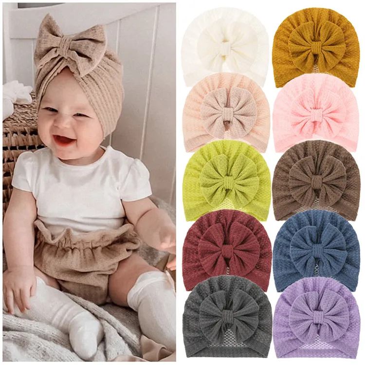 Chapeau gaufré de couleur unie avec grand nœud, Turban à nœud, bonnets, accessoires pour enfants pour nouveau-né, bébé, filles, Turban