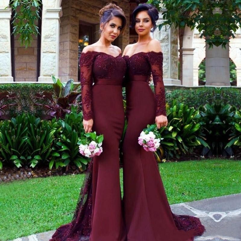 2019 Latest Off The Shoulder Long Sleeves Mermaid Crystals Lace Appliques  Burgundy Chiffon Bridesmaid Dresses| Alibaba.com