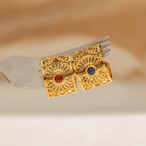 Bague ouverte en pierre naturelle pour femme, en acier inoxydable plaqué or 18 carats PVD, style vintage, luxe léger, réglable, large, pour le quotidien, cadeau - Product Image 3