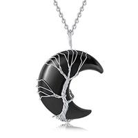Colliers en cristal naturel Life Tree avec croissant de lune et pendentif en quartz améthyste enroulé en fil de fer