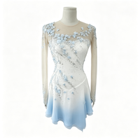 Robe de patinage artistique à manches longues, dégradé blanc et bleu clair, avec strass et maille, pour compétition et spectacle, pour adultes et enfants