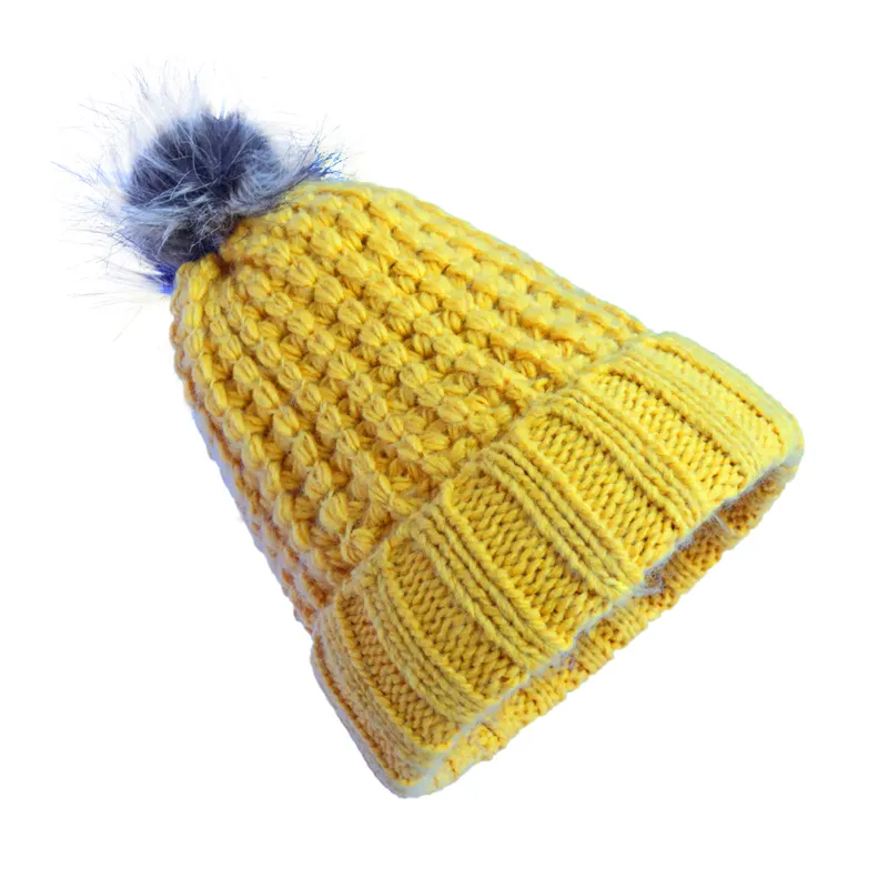 wholesale Yellow knit Beanie cap 100% Acrylic ski sports caps winter hats for women custom Beanie hats for women
