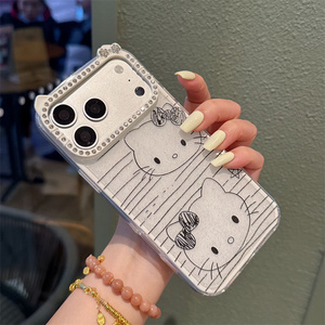 เคสโทรศัพท์มือถือลายการ์ตูน KT Cat Bow สำหรับ iPhone 17 Air 16 15 14 Pro Max น่ารัก พร้อมกรอบกล้องรูปหูประดับเพชรลายกราฟฟิตี - Product Image 4