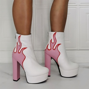 New Style Fire Print <b>Round</b> <b>Toe</b> Platform Back Zipper Fashion Women Ankle Boots High Chunky <b>Heel</b> Large Size 47 - Product Image 4