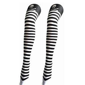 Haiwin-traje de fiesta de Halloween para <span class=keywords><strong>mujer</strong></span>, hasta el muslo <span class=keywords><strong>medias</strong></span> altas, con rayas blancas y negras, <span class=keywords><strong>esqueleto</strong></span>, hueso, rodilla - Product Image 2