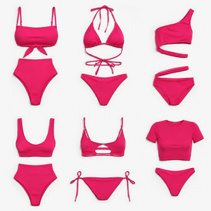 Ensemble bikini rose uni pour femme, maillot de bain 2 pièces, bandeau, dos nu, bas de maillot de bain string à lacets, extensible, vêtements de plage - Product Image 1
