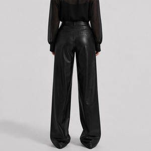 Pantalons droits en cuir lisse à taille haute et à double pli, vêtements de mode OEM de haute qualité pour femmes - Product Image 3