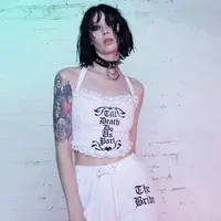 2022 yaz kadın moda mektubu baskı Streetwear kolsuz bandaj seksi Halter işlemeli dantel Tank Top