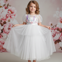 Robes de demoiselles d'honneur pour enfants, style occidental, col rond, manches courtes, appliques florales, tulle blanc, qualité de marque