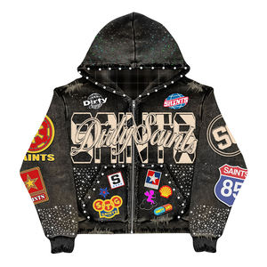 맞춤형 라인스톤 제조업체 자수 패치 오버사이즈 지퍼 후드티 빈티지 산성 워싱 디스트레스드 100% 코튼 플리스 후드티 - Product Image 1