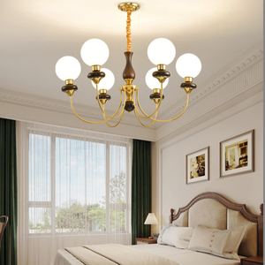Lámpara Colgante LED de Estilo Retro Americano, de Nogal y Latón, con Globos de Vidrio Opal, Altura Ajustable, para Sala de Estar - Product Image 6