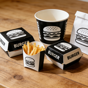 Contenants alimentaires en papier jetables personnalisés, biodégradables et écologiques, avec poignée, pour la restauration rapide, poulet frit, hamburgers - Product Image 1