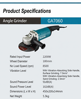 Meuleuse d'angle électrique professionnelle Makita GA7060 GA7061 2200W 180mm robuste avec interrupteur coulissant 8500 tr/min pour meulage et découpe