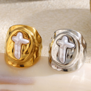 2026 Viral Hammered Irregular Frame Pearl Embedded Cross Stainless Steel Two Tone Unisex <b>Thick</b> Band Signet Finger <b>Ring</b> - Product Image 4