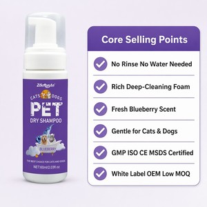 ZouRunAn Shampoo Secco <span class=keywords><strong>per</strong></span> Animali Domestici Senza Risciacquo, Schiuma Profumata al Mirtillo <span class=keywords><strong>per</strong></span> la Toelettatura di <span class=keywords><strong>Cani</strong></span> e Gatti, 60ml, OEM, Vendita all'Ingrosso - Product Image 2