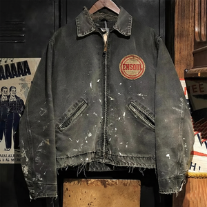 Áo khoác bomber mùa đông kiểu trucker dành cho nam của nhà sản xuất ES, chất liệu vải cotton twill, vải <span class=keywords><strong>canvas</strong></span> duck, kiểu dáng streetwear, phối họa tiết sơn bắn, kiểu dáng cũ kỹ. - Product Image 1