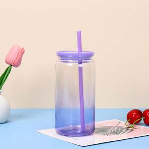 AGH Gobelet en verre transparent de 16 oz, écologique, avec couvercle et paille en plastique coloré rayé, Mug de sublimation - Product Image 5