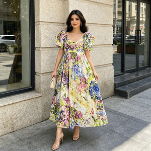 <span class=keywords><strong>Vestido</strong></span> Maxi Estilo Francés, Dulce y Chic, con Estampado Floral Colorido, Cuello <span class=keywords><strong>Cuadrado</strong></span>, Mangas Abullonadas, Cintura Alta, Plisado y Patchwork, Modelo 2026 - Product Image 1