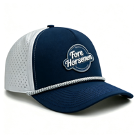 Casquette de baseball 5 panneaux personnalisée avec logo en patch de caoutchouc, imperméable, perforations découpées au laser, séchage rapide, 100% polyester Dobby, style sportif