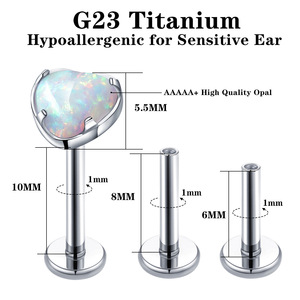 Labret en Titane G23 à Filetage Interne avec Opale en Forme de Cœur |   Bijoux de piercing hypoallergéniques à dos plat pour lèvre, oreille, cartilage et langue - Product Image 2