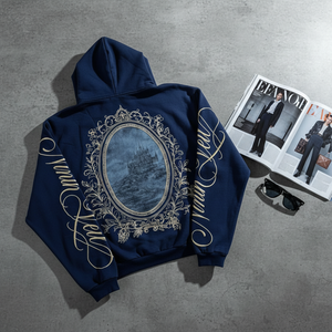 Felpa con Cappuccio Oversize Invernale Jakis Christ 'The Ninth Veil' con Stampa Scritta e Cerniera, Foderata, Stile Gotico Streetwear Blu Navy - Product Image 3