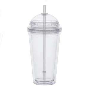 Vente en gros gobelet à eau en plastique acrylique 16oz réutilisable à double paroi gobelets avec paille et couvercle en dôme