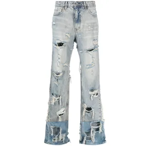 Oem Hoge Kwaliteit Klassieke Vijf Pocket Gerafeld Gescheurd Decoratief Stiksel Design Mode Casual Gewassen Jeans Voor Mannen