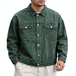 Men's Green Denim Jacket Casual Button Front Solid Color Regular Fit Autumn Breathable 100% Cotton Woven Topstitch - Product Image 1