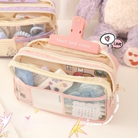Sac à stylo transparent de grande capacité à trois couches, sac de rangement de boîte à papeterie minimaliste