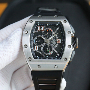 Reloj Mecánico Cronógrafo Tonneau de Moda con Movimiento Esqueleto, Marcadores Naranjas y Correa de Goma Negra - Product Image 1